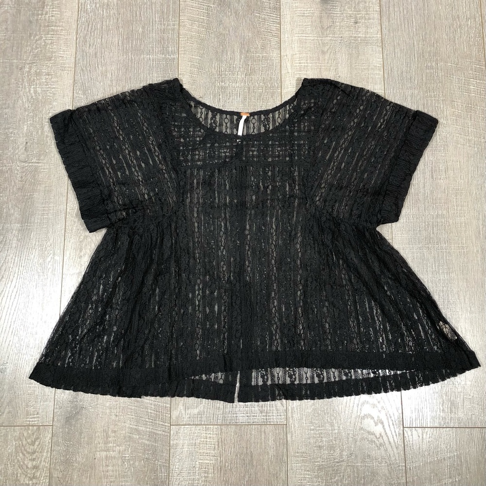 Free People Black Lace Short Sleeve Peasant Top